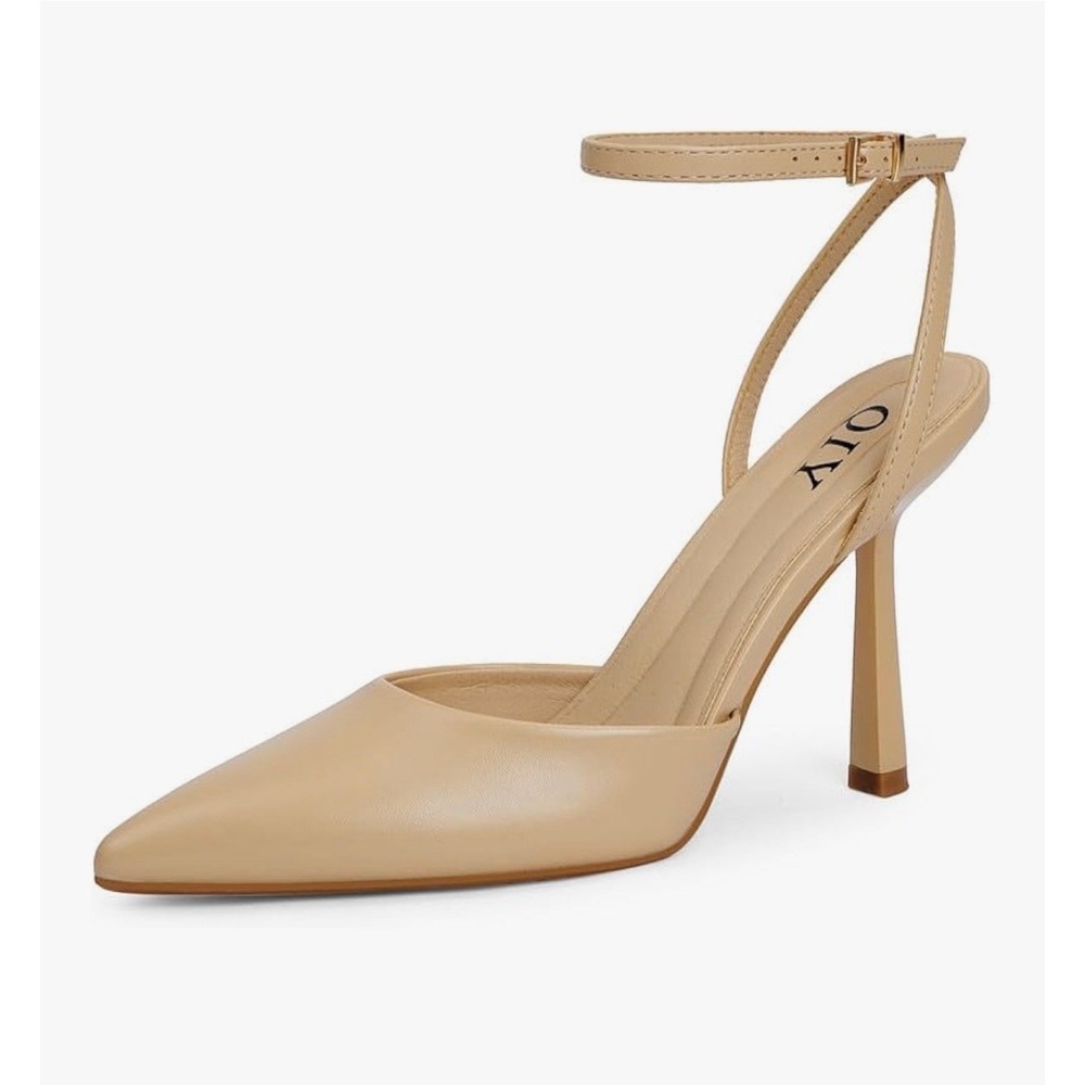 QIY Nude Beige Pointed Toe Ankle Strap Stiletto Heels Pumps Women Size 9 NEW